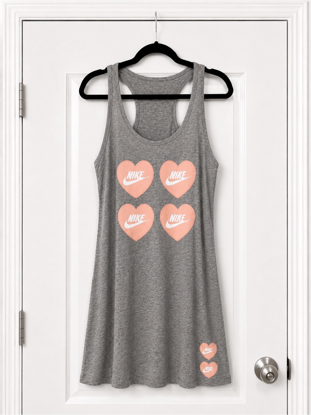 Gray Racerback Tank Top or Tank Dress with Pink Heart Logos (Four-Heart Front)